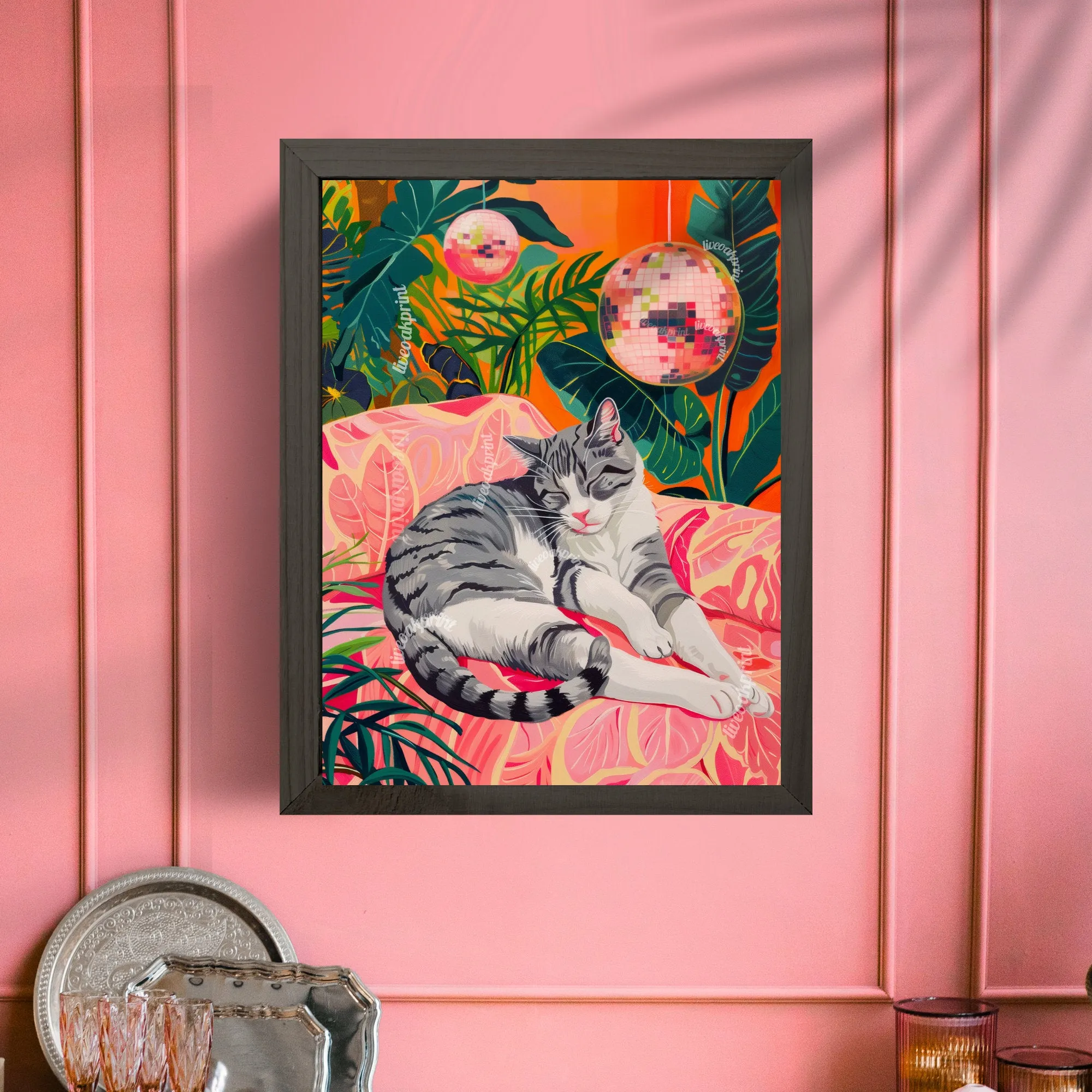 Cozy Disco Gray and White Cat - Disco Cat - Gray Striped Cat Print - Disco Ball Cat Print - Boho Wall Art-  Eclectic Bedroom Art -