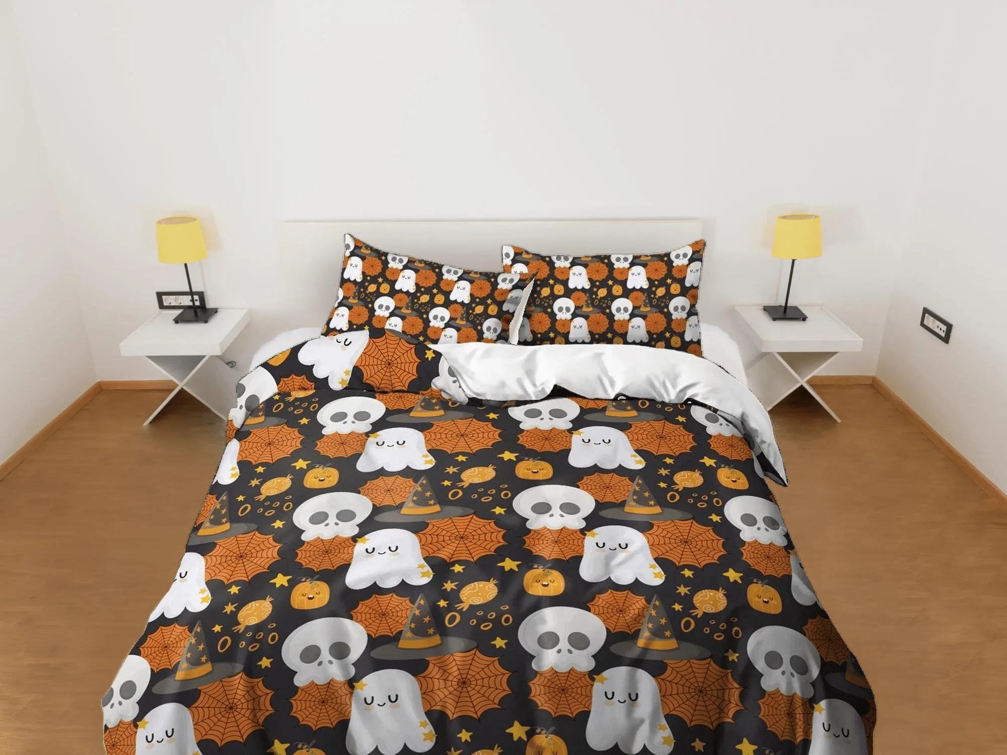 Cute ghost skull web halloween bedding & pillowcase, duvet cover set dorm bedding, halloween decor, nursery toddler bedding, halloween gift