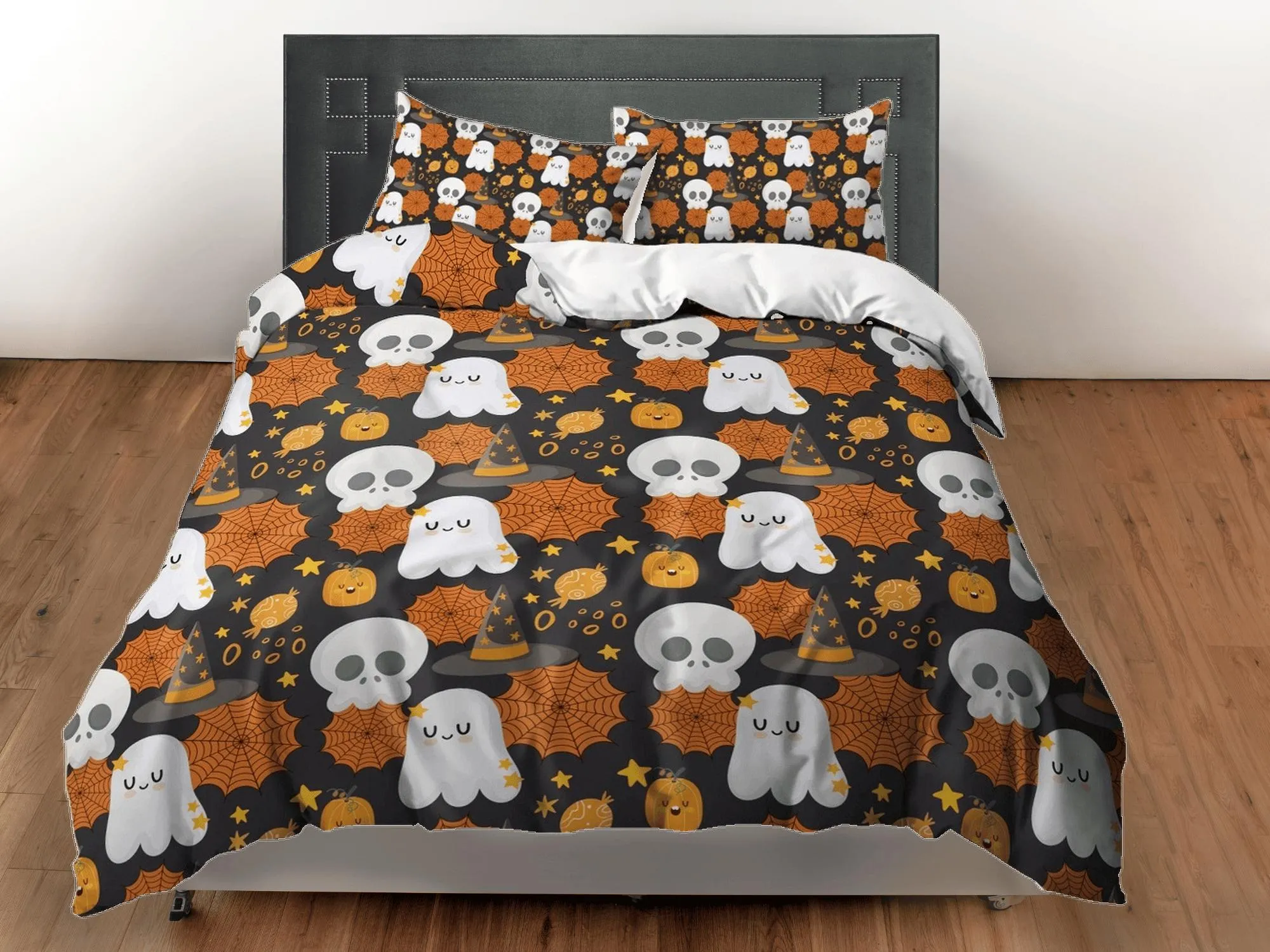 Cute ghost skull web halloween bedding & pillowcase, duvet cover set dorm bedding, halloween decor, nursery toddler bedding, halloween gift