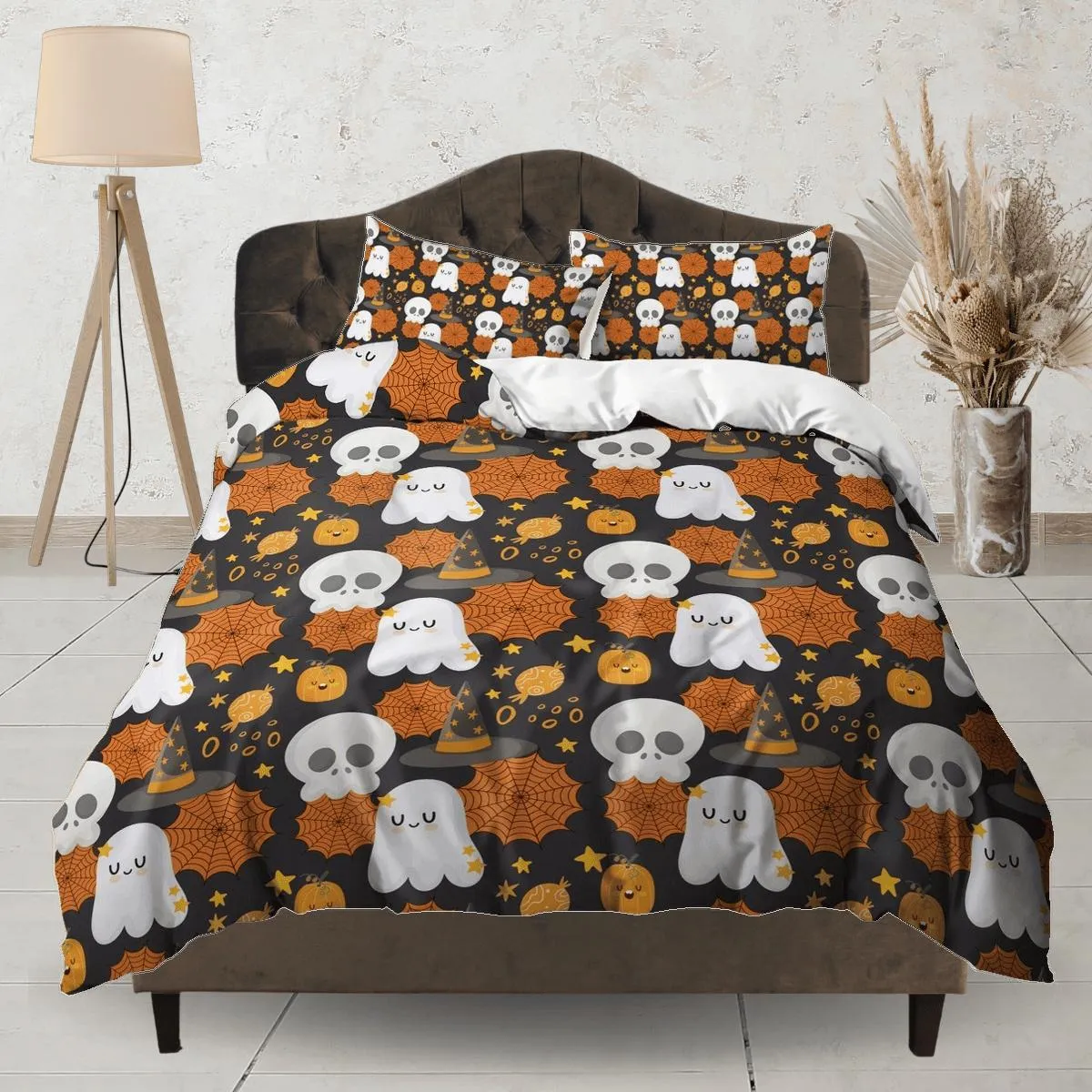 Cute ghost skull web halloween bedding & pillowcase, duvet cover set dorm bedding, halloween decor, nursery toddler bedding, halloween gift