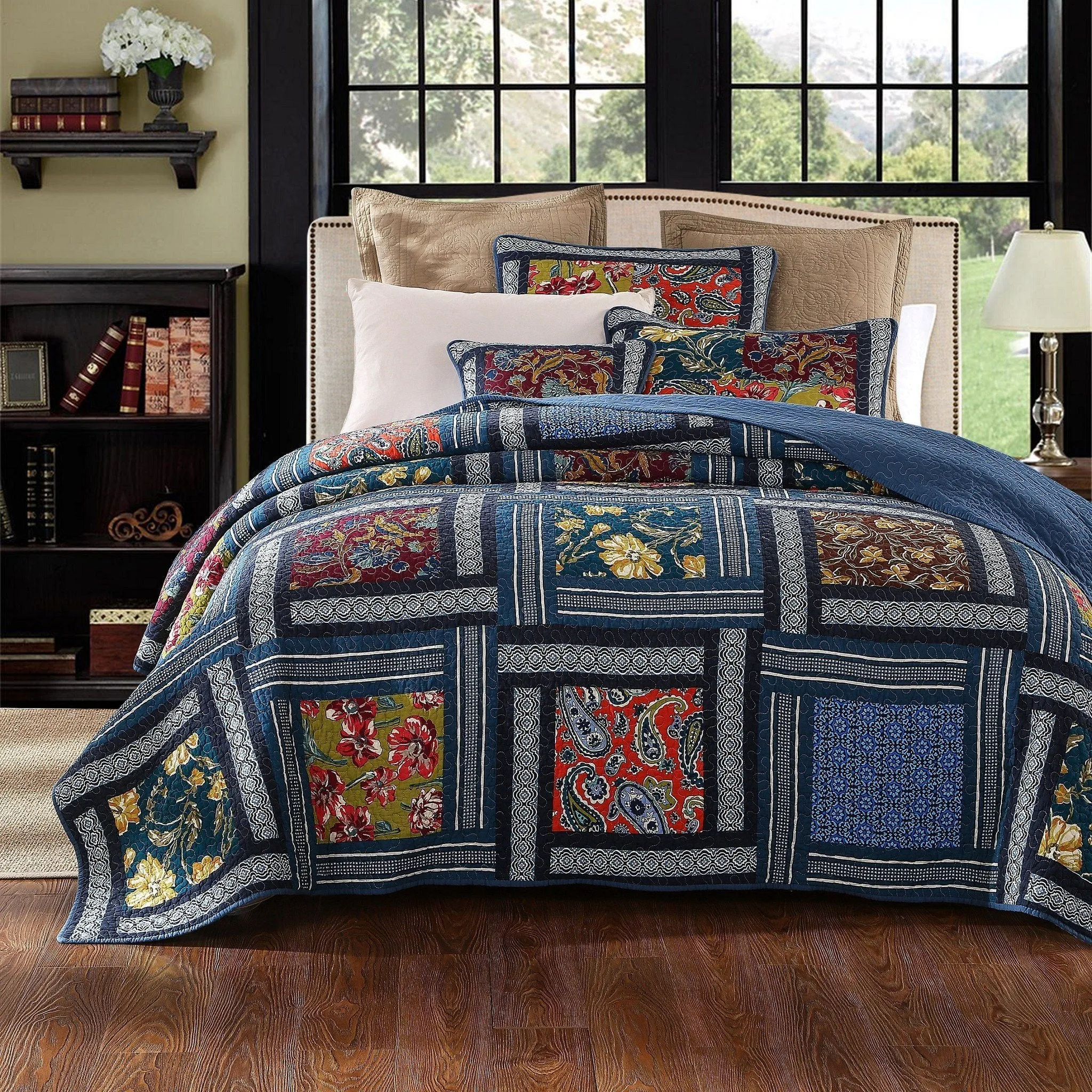 DaDa Bedding Bohemian Floral Midnight Ocean Blue Cotton Patchwork Bedspread Set (JHW-572)