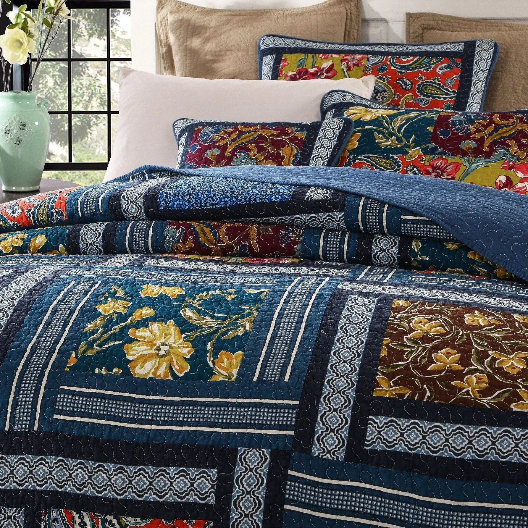 DaDa Bedding Bohemian Floral Midnight Ocean Blue Cotton Patchwork Bedspread Set (JHW-572)