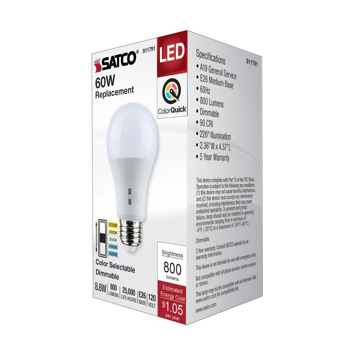 Dimmable A19 LED Bulb, 9 Watts, 800 Lumens, Selectable 30K/40K/50K, 60W Equal, E26 Medium