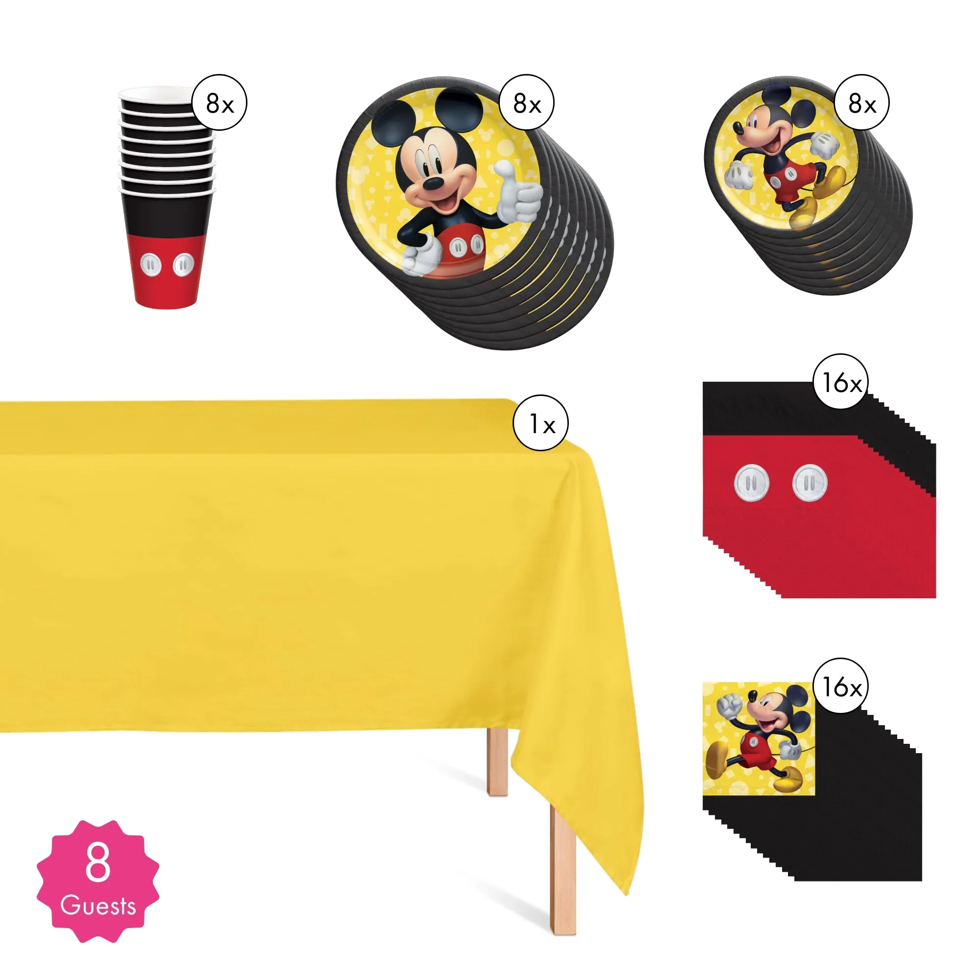 Disney Mickey Mouse Basic Tableware Birthday Party Supplies Kit, 8 Guests