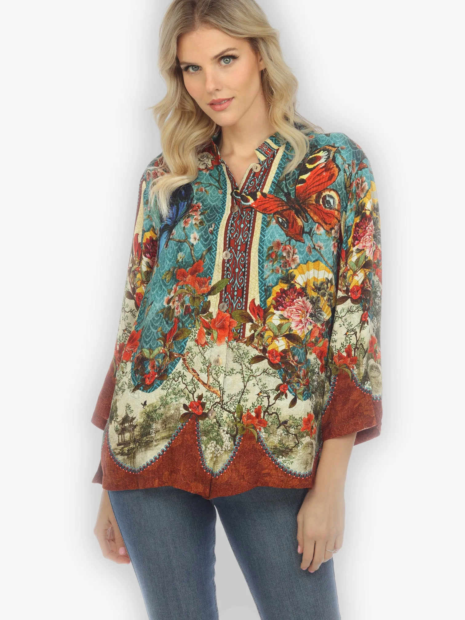 Fabulous Fans Flowers Silk Blouse