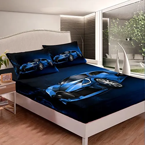 Feelyou Sports Car Bed Sheets Blue Race Car Sheet Set for Kids Boys Girls Extreme Sports Bed Set Sheet Set Cool Speed Luxury Car Decor Sheets with 1 Pillowcase 3Pcs Bedding Twin