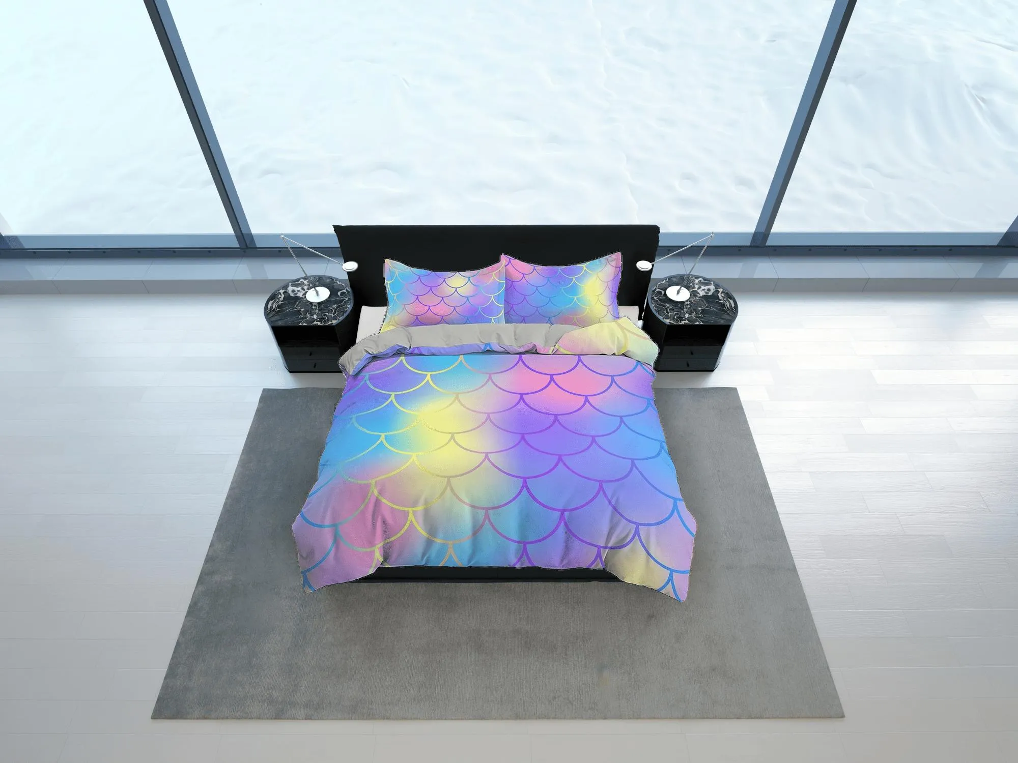 Fish Scales Mermaid Gradient Colors Kids Duvet Cover Set, Toddler Bedding, Kids Bedroom, Cute Bedding, Duvet King Queen Full Twin Single