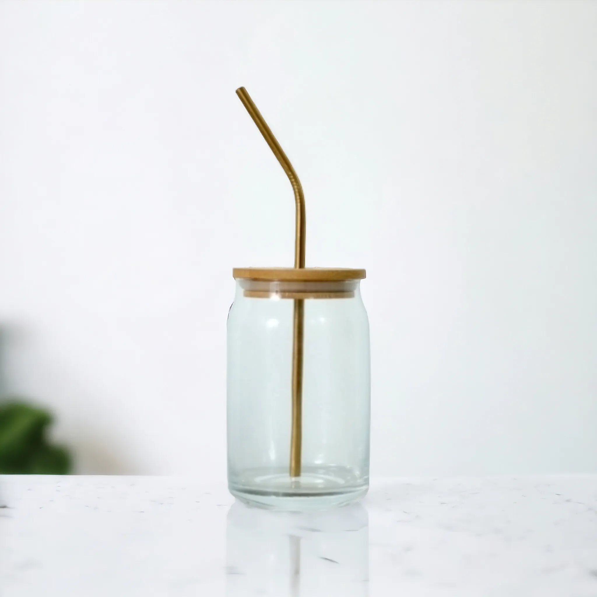 Glass Drinking Can Tumbler 420ml with Bamboo Lid & Gold Stainless Steel Curved Straw