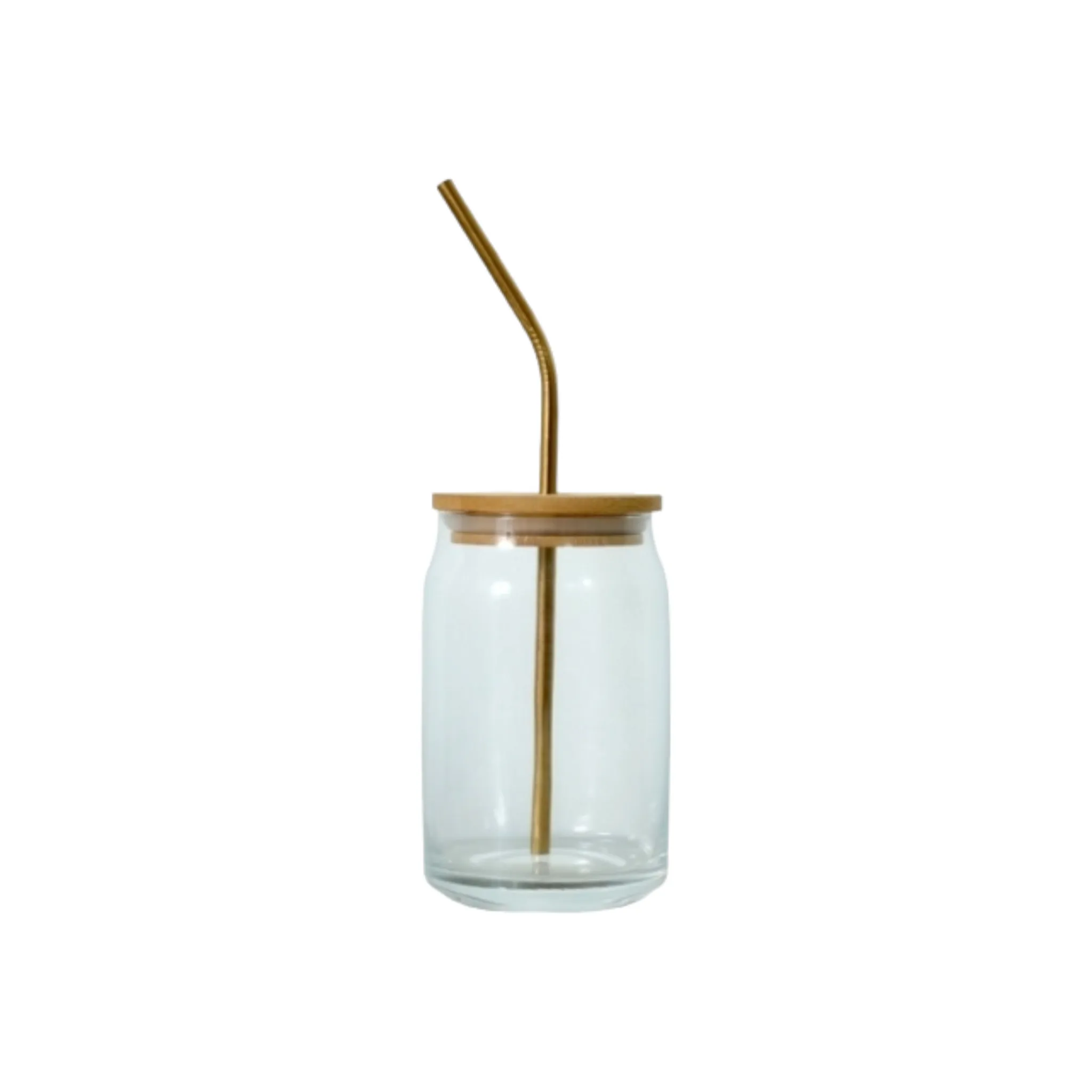 Glass Drinking Can Tumbler 420ml with Bamboo Lid & Gold Stainless Steel Curved Straw