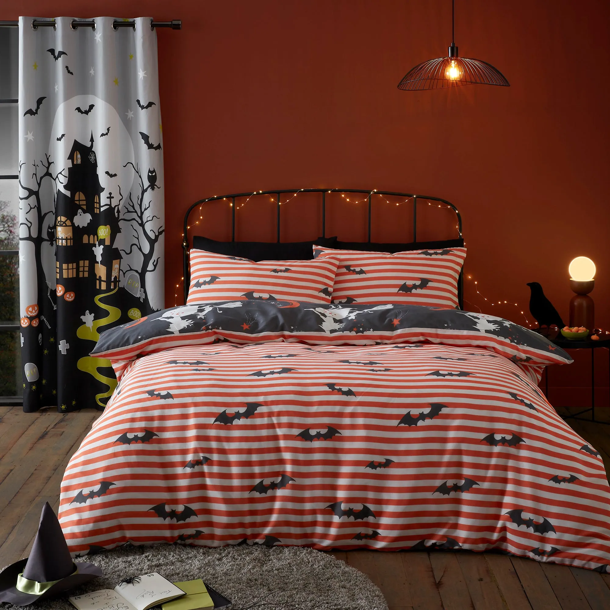 Halloween Flying Witches Glow in the Dark Duvet Cover Set by Bedlam in Charcoal