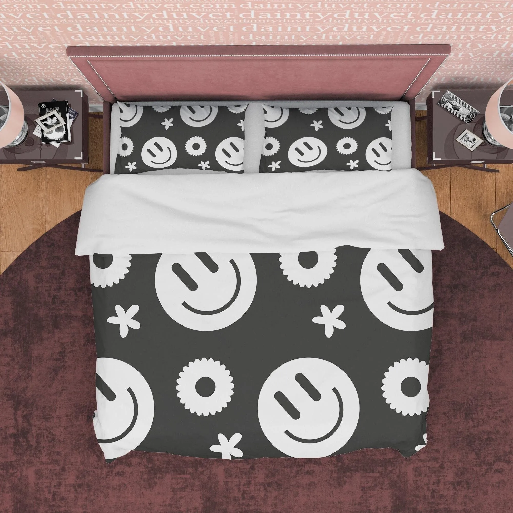 Happy Black and White Duvet Cover Set, Smile Emoji Blanket Cover Retro Printed Bedding Set, 90s Nostalgia Quilt Cover, Groovy Bedspread