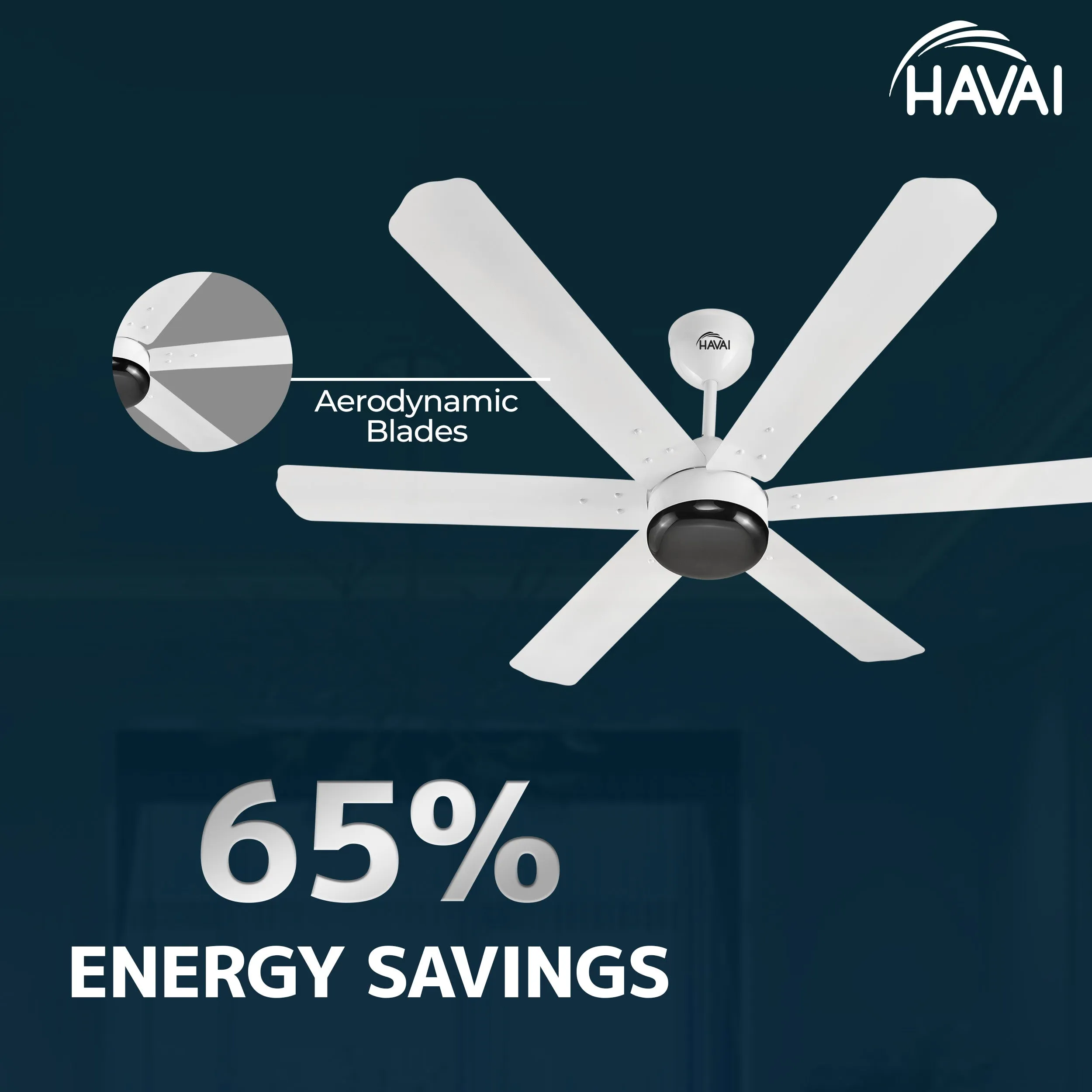 HAVAI Spinel BLDC Ceiling Fan - 6 Blades – Black Motor - 35W, 1200mm Blade with Remote – 0.5W LED (Pearl White)