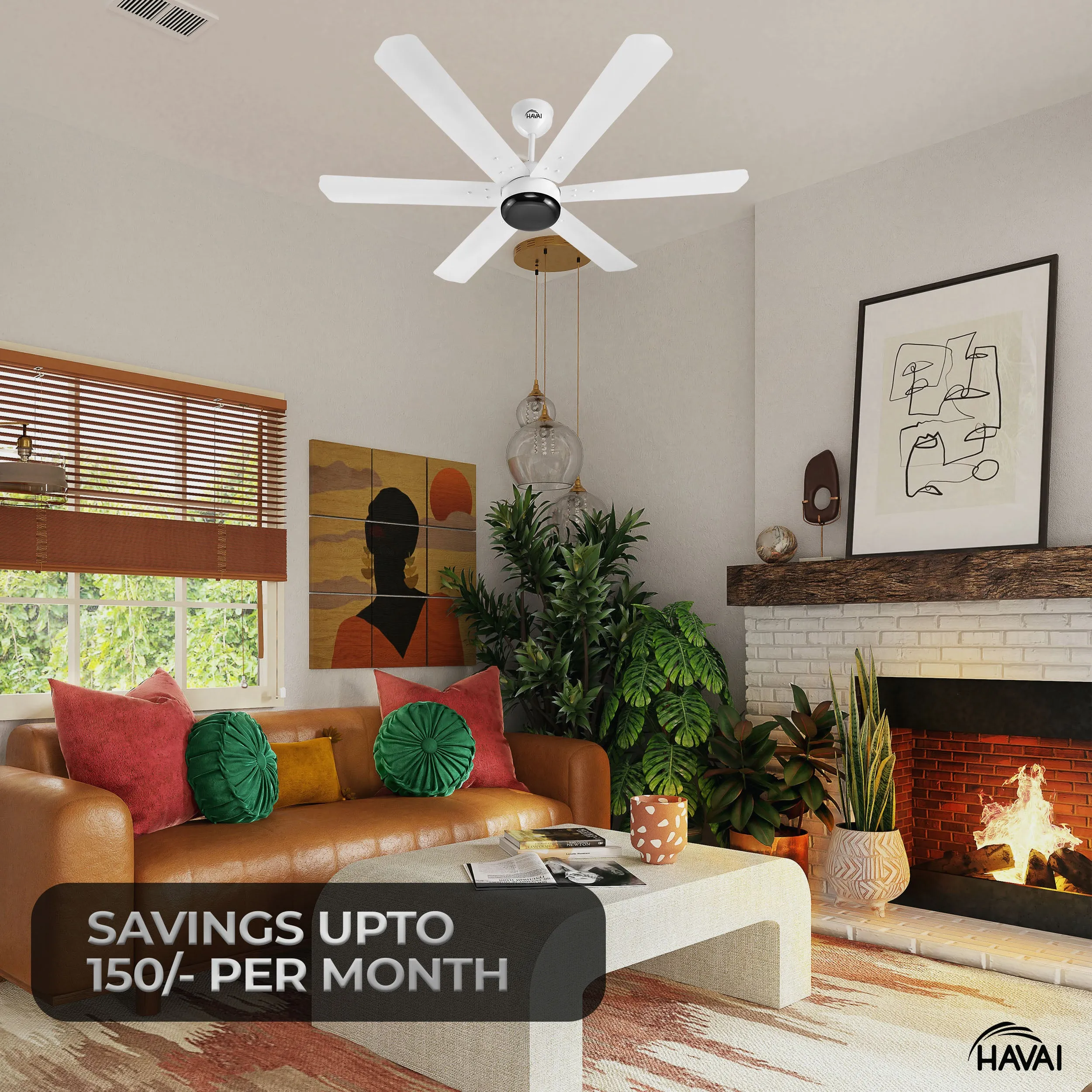 HAVAI Spinel BLDC Ceiling Fan - 6 Blades – Black Motor - 35W, 1200mm Blade with Remote – 0.5W LED (Pearl White)