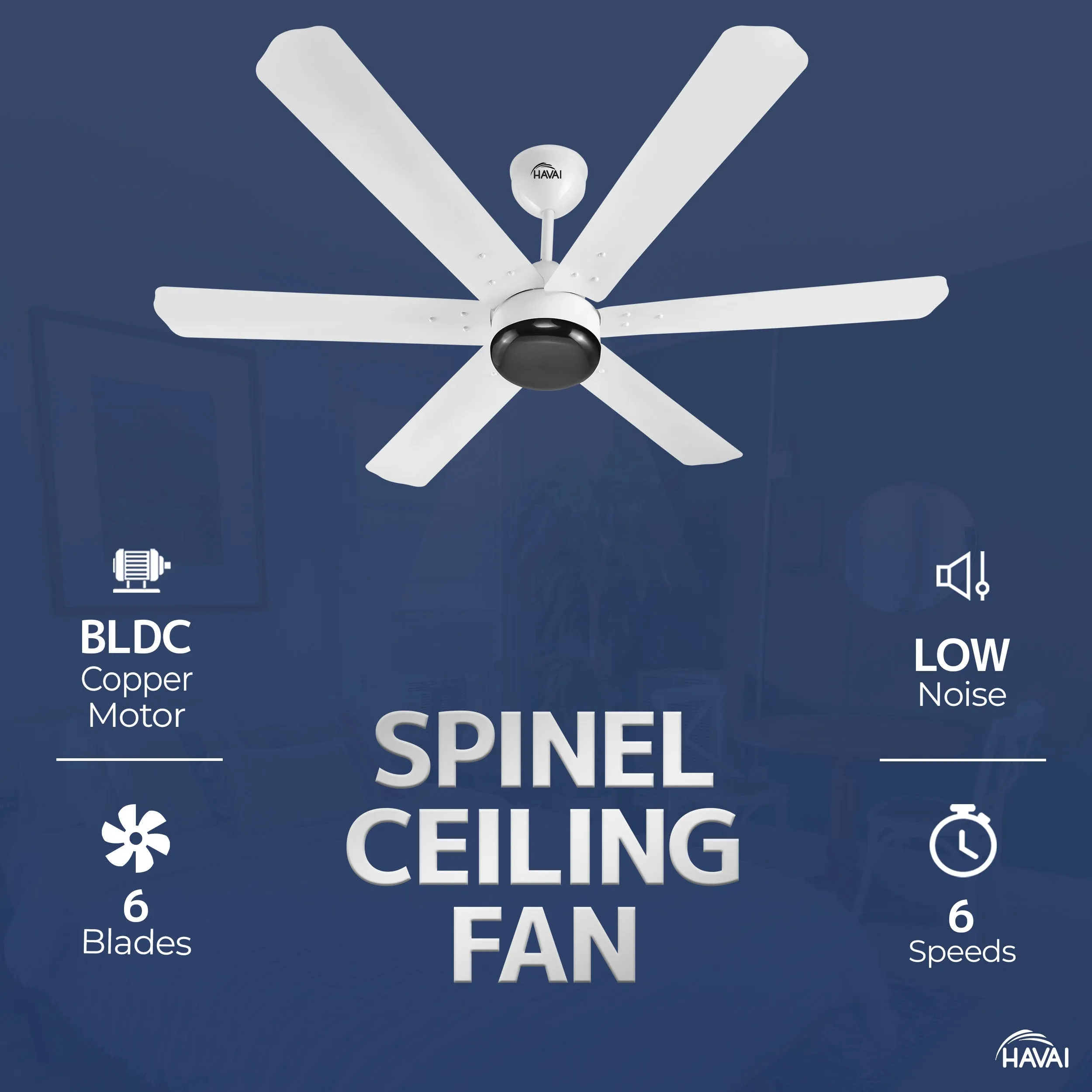 HAVAI Spinel BLDC Ceiling Fan - 6 Blades – Black Motor - 35W, 1200mm Blade with Remote – 0.5W LED (Pearl White)