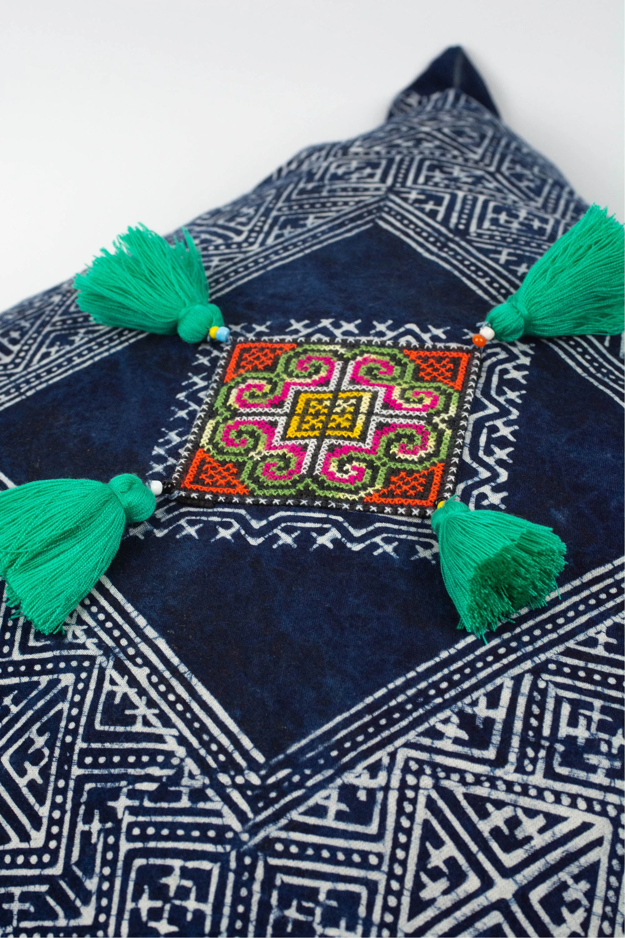 Hmong Indigo Batik Cotton Pillowcase with Green Tassels