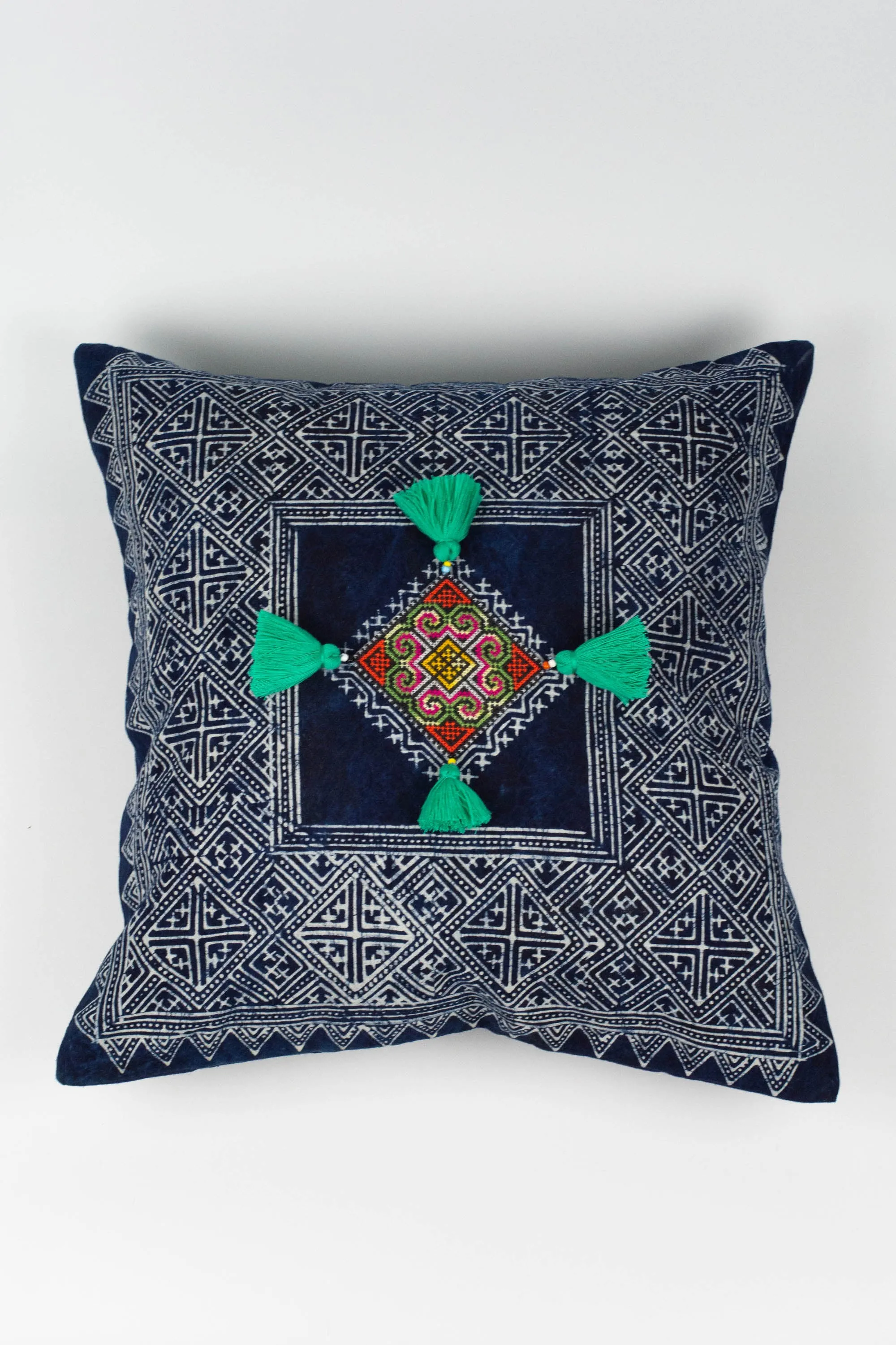 Hmong Indigo Batik Cotton Pillowcase with Green Tassels