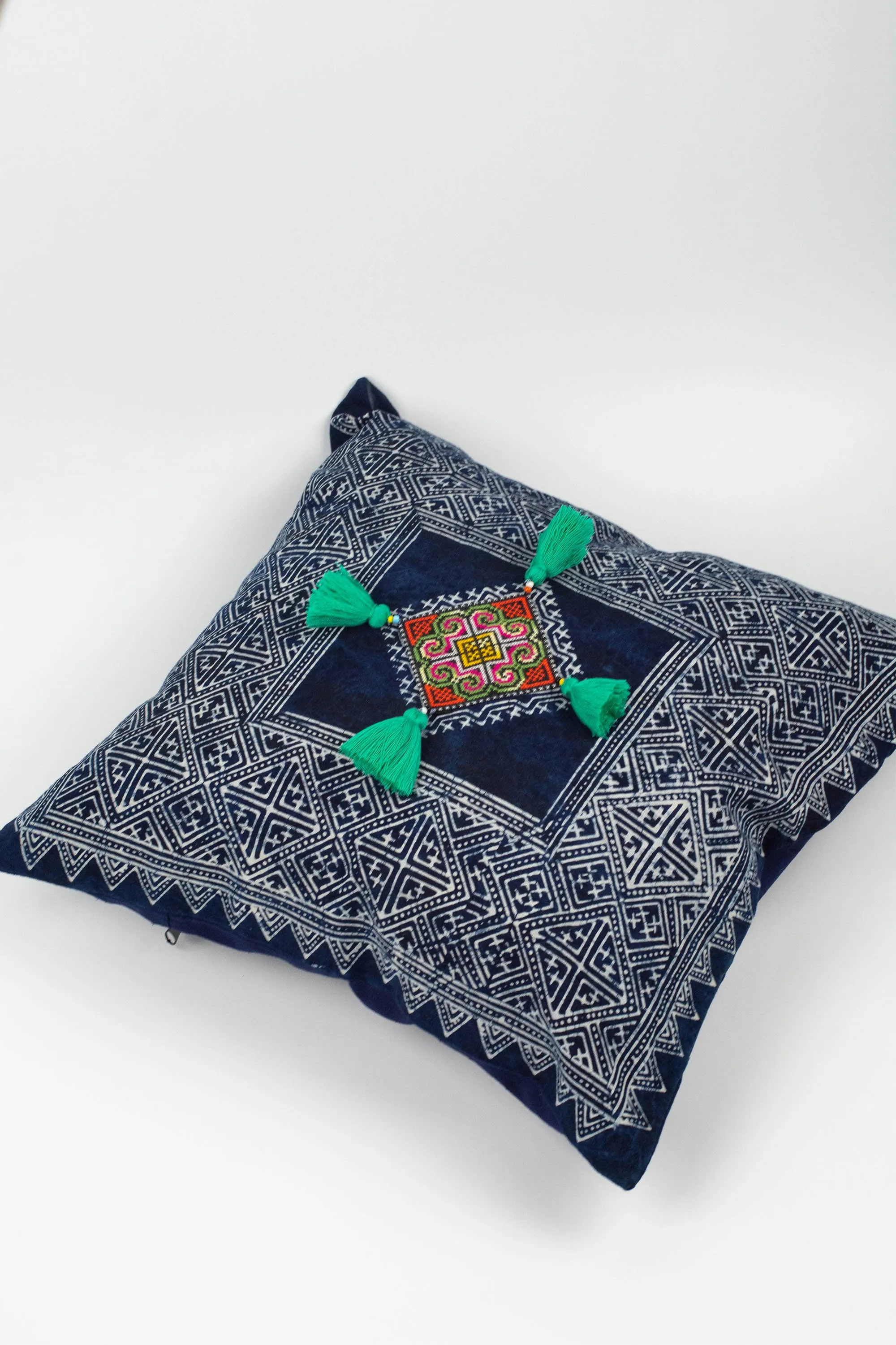 Hmong Indigo Batik Cotton Pillowcase with Green Tassels