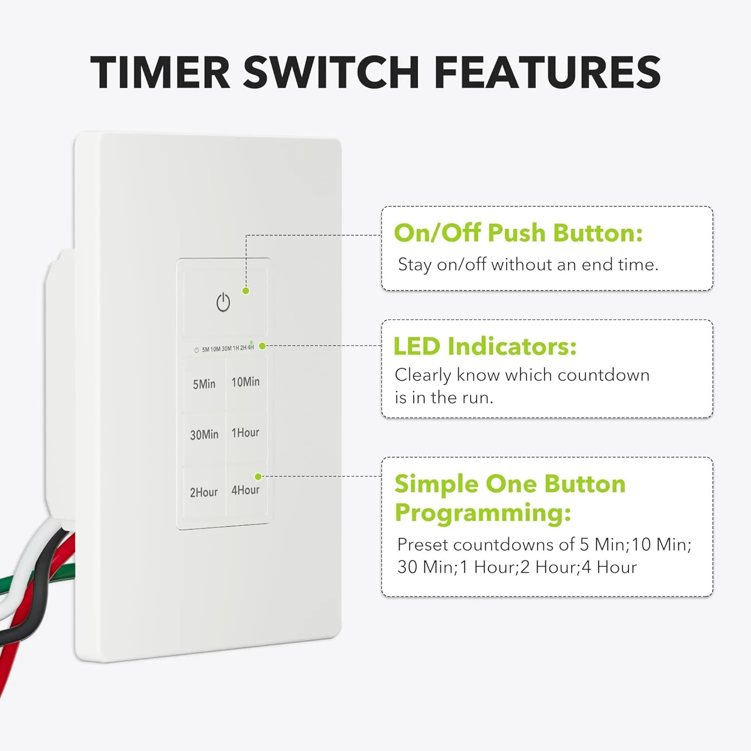 In-Wall Countdown Timer Switch with Push Button 5-10-30-60mins 2-4hours Neutral Wire Required Bn-link