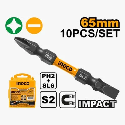 INGCO Impact Screwdriver Bit, PH2 SL 6.0 * 1.0 65mm, 10 PCS PACK, S2 Industrial Steel, Black surface with magnet SDBIM21HL133