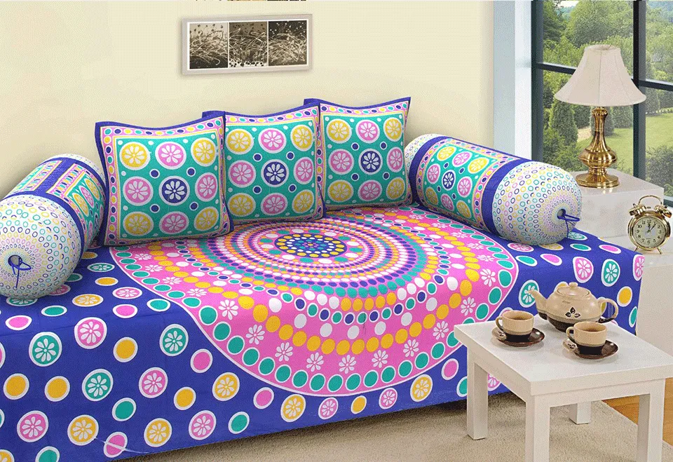 Jaipuri Design Single Bedsheet ( 100% cotton, 6pc set, Diwan set )