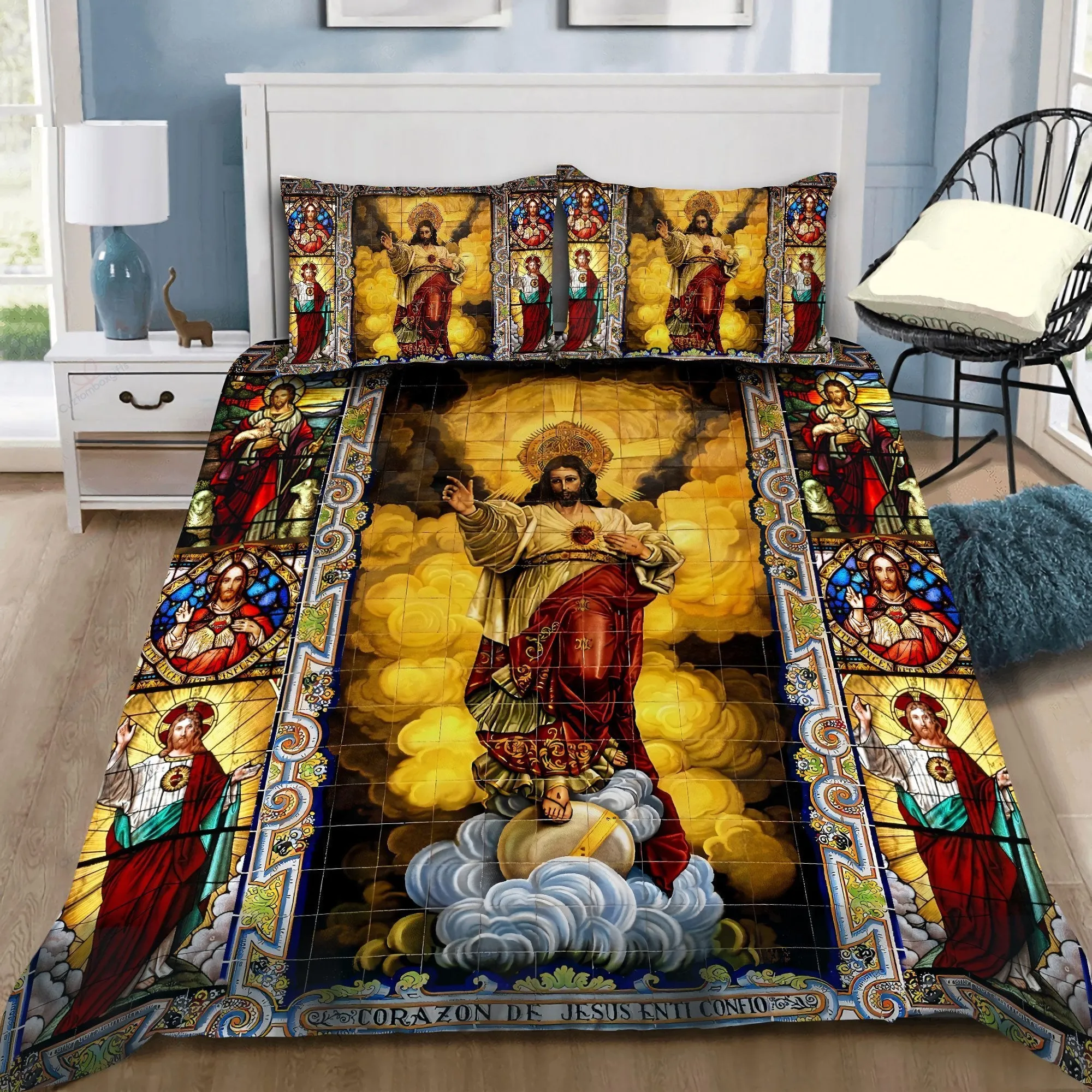 Jesus Stained Glass Window Jesus Bedding Set - Christian Bedding Sets