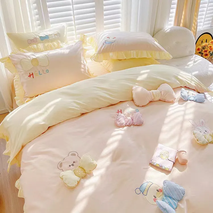 Kawaii Hello Bunny Bear Duck Pink and Yellow Ruffle Edge Cotton Bedding Duvet Cover Set Queen King Size