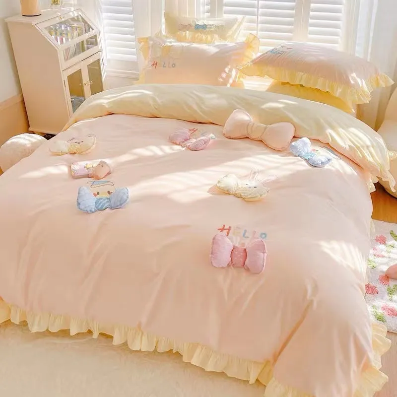 Kawaii Hello Bunny Bear Duck Pink and Yellow Ruffle Edge Cotton Bedding Duvet Cover Set Queen King Size