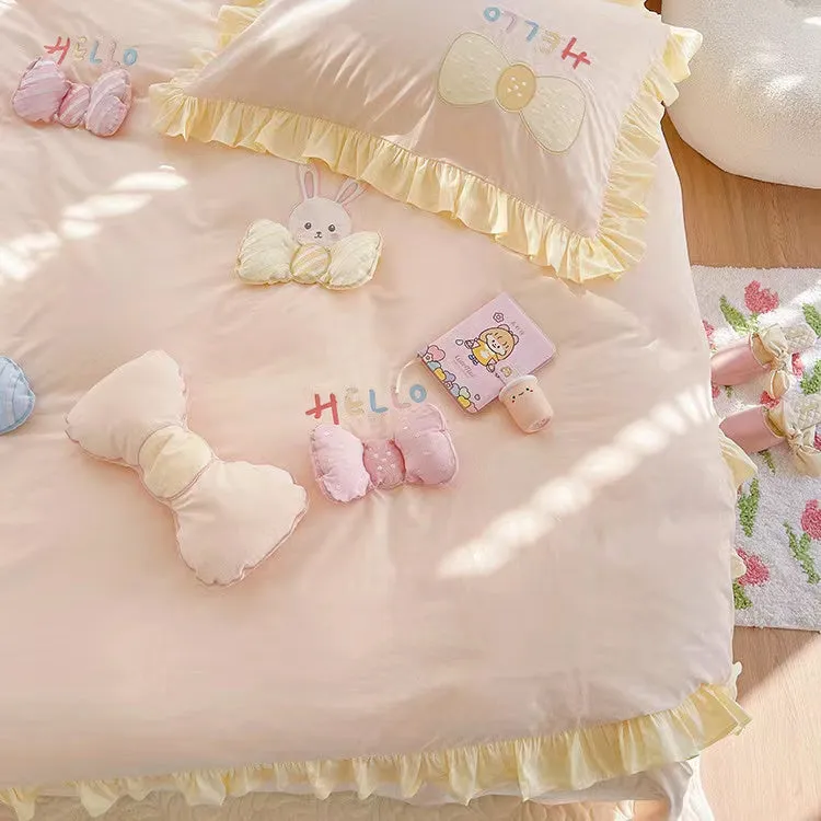 Kawaii Hello Bunny Bear Duck Pink and Yellow Ruffle Edge Cotton Bedding Duvet Cover Set Queen King Size