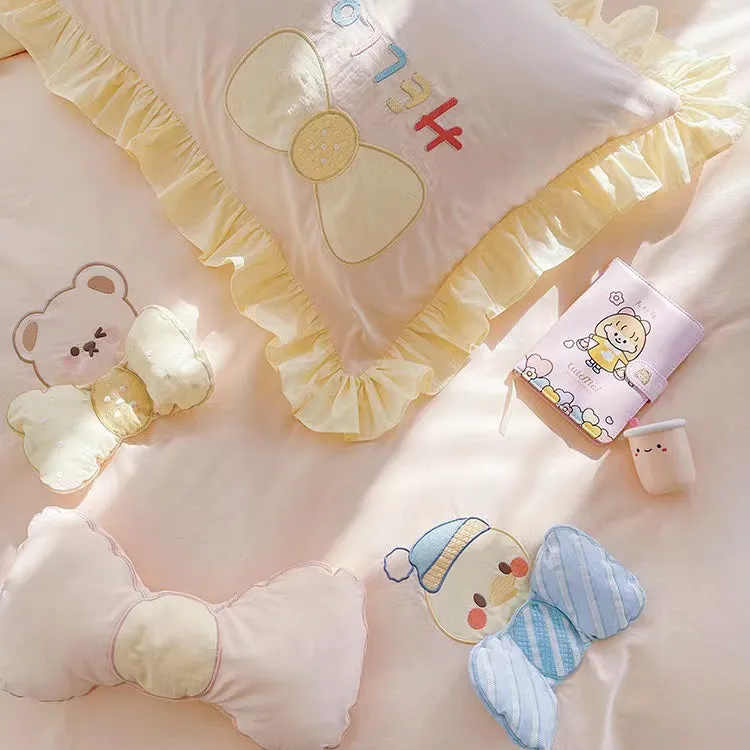 Kawaii Hello Bunny Bear Duck Pink and Yellow Ruffle Edge Cotton Bedding Duvet Cover Set Queen King Size