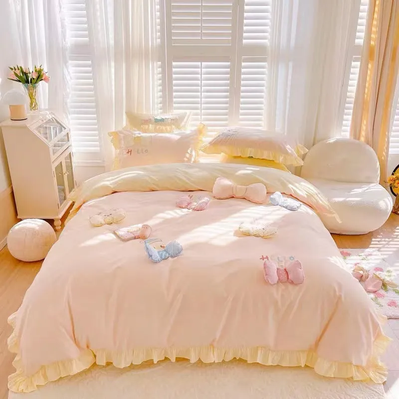 Kawaii Hello Bunny Bear Duck Pink and Yellow Ruffle Edge Cotton Bedding Duvet Cover Set Queen King Size