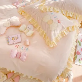 Kawaii Hello Bunny Bear Duck Pink and Yellow Ruffle Edge Cotton Bedding Duvet Cover Set Queen King Size