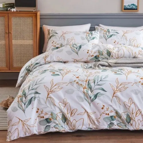 King Size Without filler 6 pieces, Green leaves design white color , Bedding Set