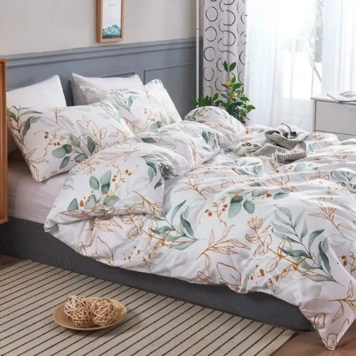 King Size Without filler 6 pieces, Green leaves design white color , Bedding Set