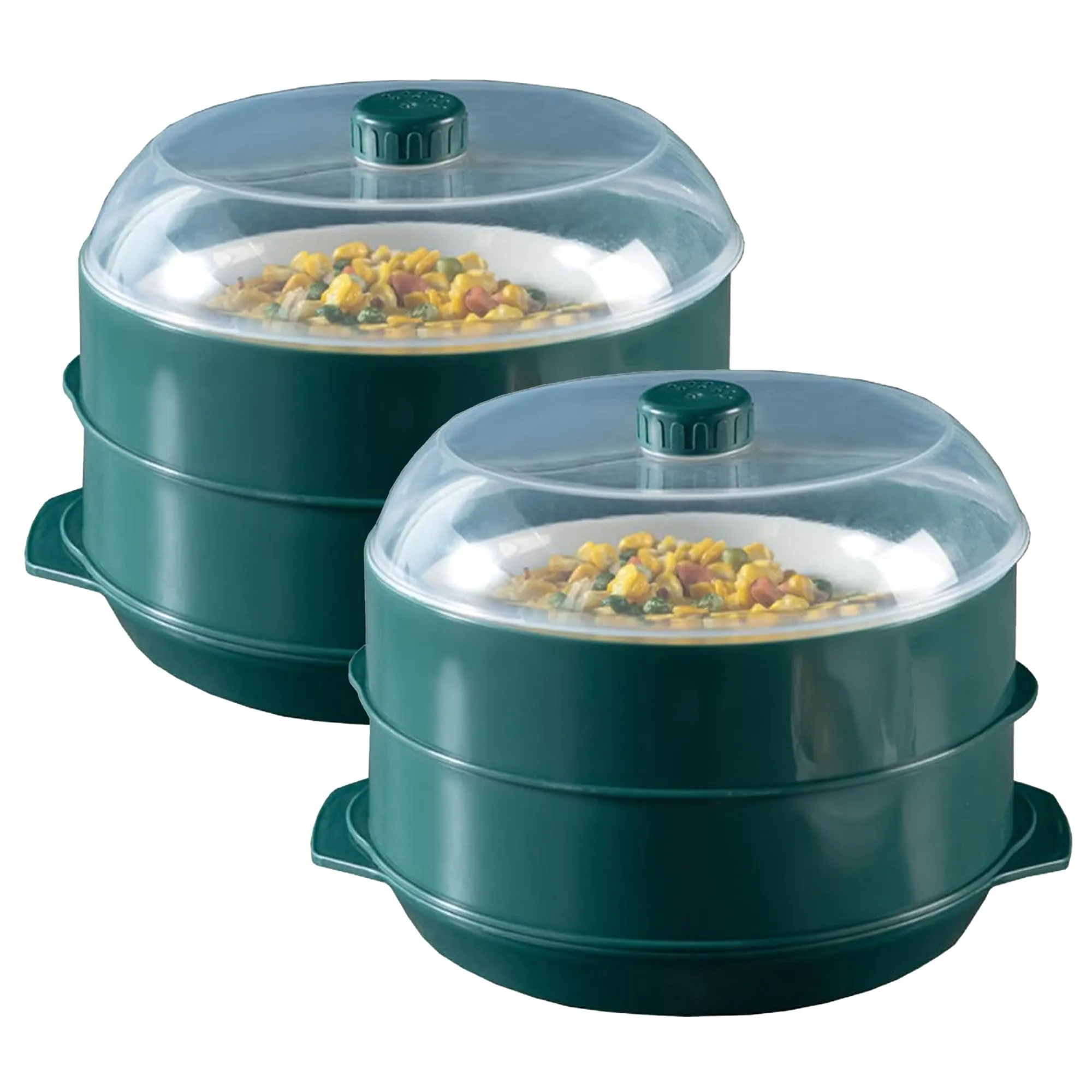 Kuber Microwave Oven Steamer| Microwave Pot pan| Microwave Safe Set| Microwave Containers (1 Cover  2 Box  1 Base) | KUSH121| (Green Set of 2)