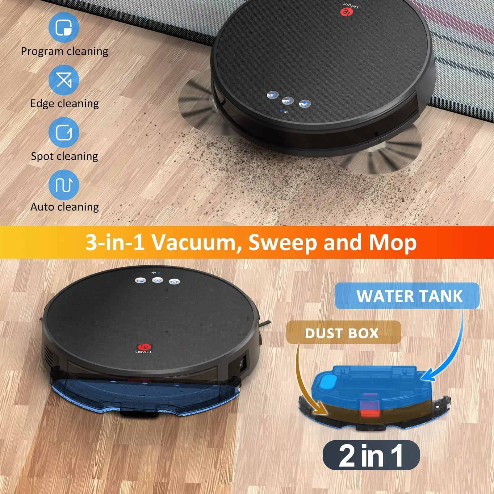 Lefant U180 Robot Vacuum Cleaner With Mop, 3200 Pa Robotic Robot Hoover, 3-In-1 Vacuum, Black