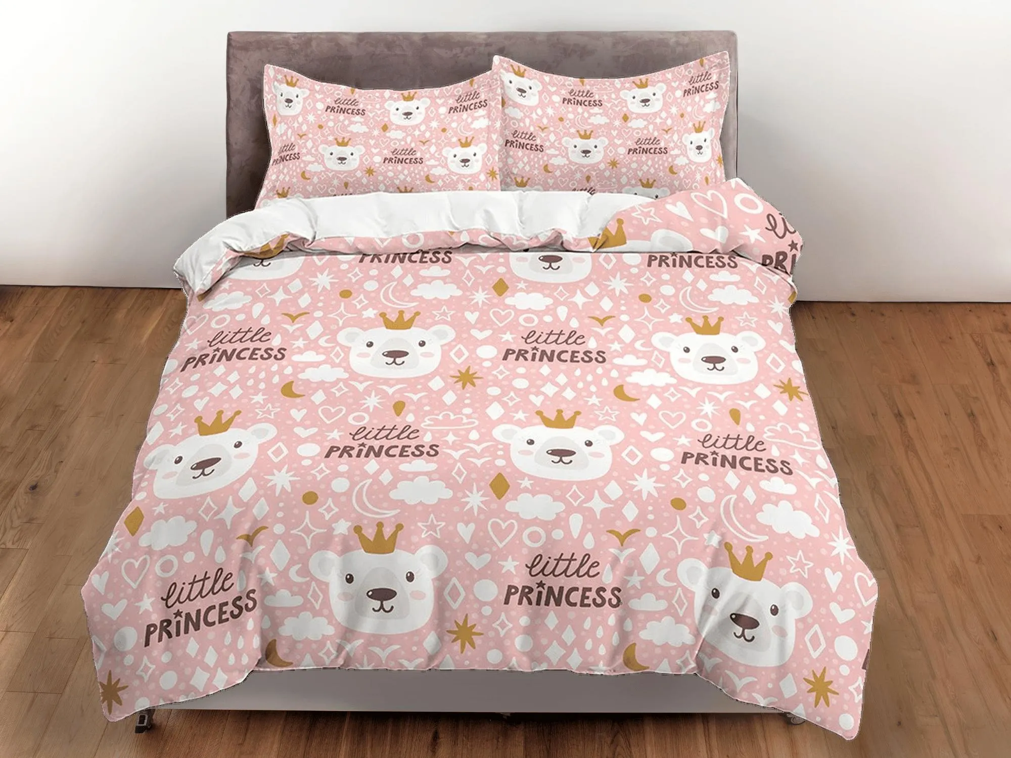 Little princess and cute polar bear, pink toddler bedding, duvet cover nursery kids, crib bedding, baby zipper bedding, king queen full twin