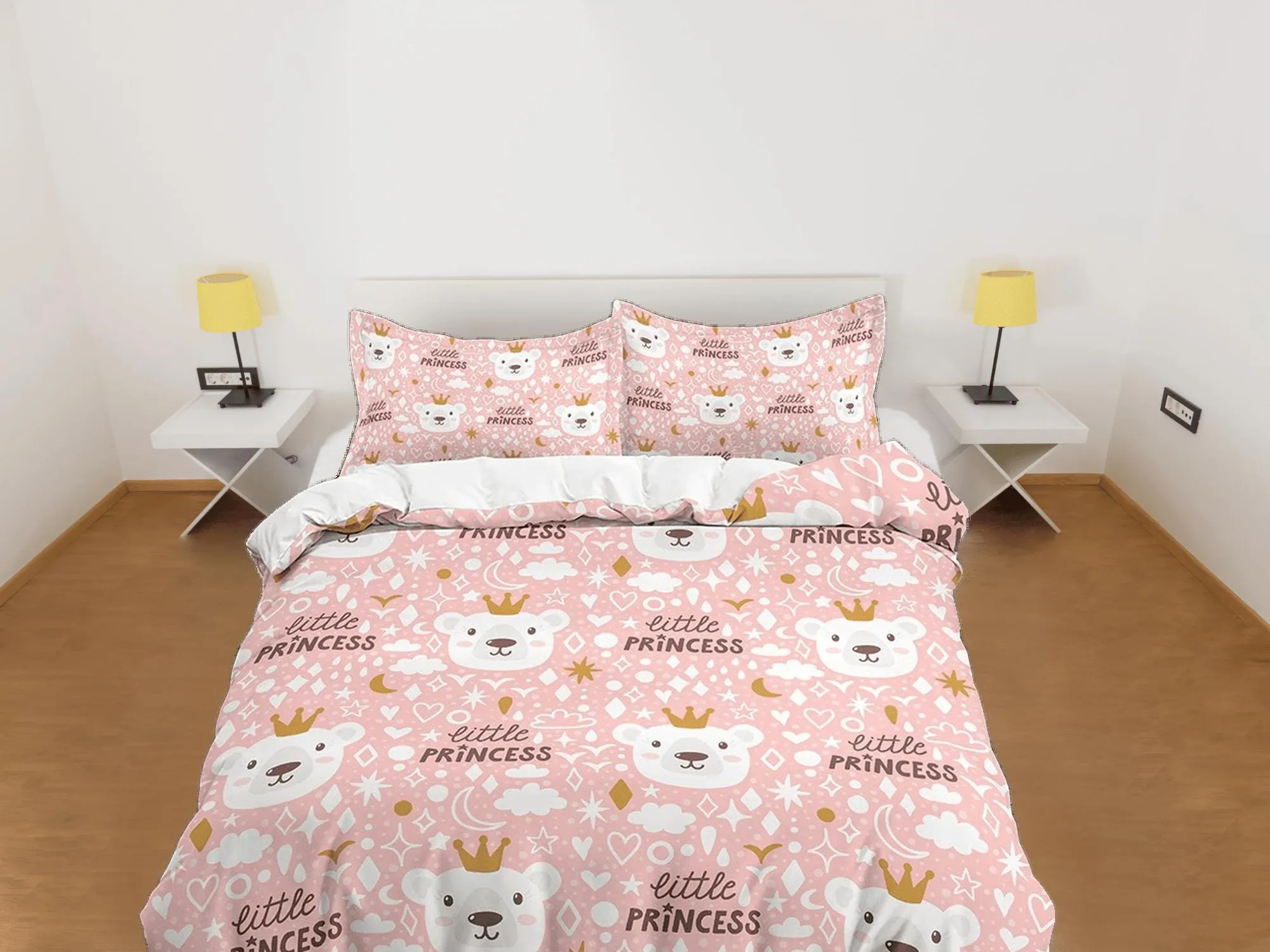 Little princess and cute polar bear, pink toddler bedding, duvet cover nursery kids, crib bedding, baby zipper bedding, king queen full twin