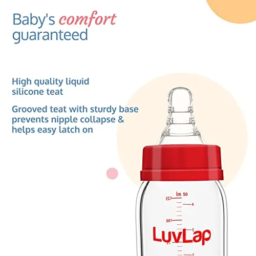 LuvLap Essential Slim Neck Glass Feeding Bottle, 125ml, 0m /Babies Upto 3 Years, Made of Borosilicate Glass, BPA Free, Ergonomic Shape is Easy to Hold, with Anti Colic Nipple, Pack of 2, White & Red