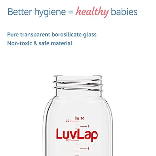 LuvLap Essential Slim Neck Glass Feeding Bottle, 125ml, 0m /Babies Upto 3 Years, Made of Borosilicate Glass, BPA Free, Ergonomic Shape is Easy to Hold, with Anti Colic Nipple, Pack of 2, White & Red