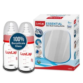 LuvLap Essential Slim Neck Glass Feeding Bottle, 125ml, 0m /Babies Upto 3 Years, Made of Borosilicate Glass, BPA Free, Ergonomic Shape is Easy to Hold, with Anti Colic Nipple, Pack of 2, White & Red