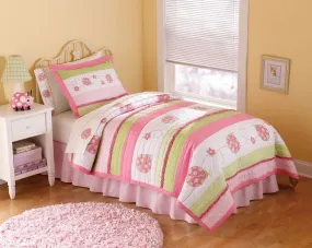 Luxury Cotton Pink Green Ladybug Girls Bedding Twin Ruffled Quilt Set Embroidered Appliqued