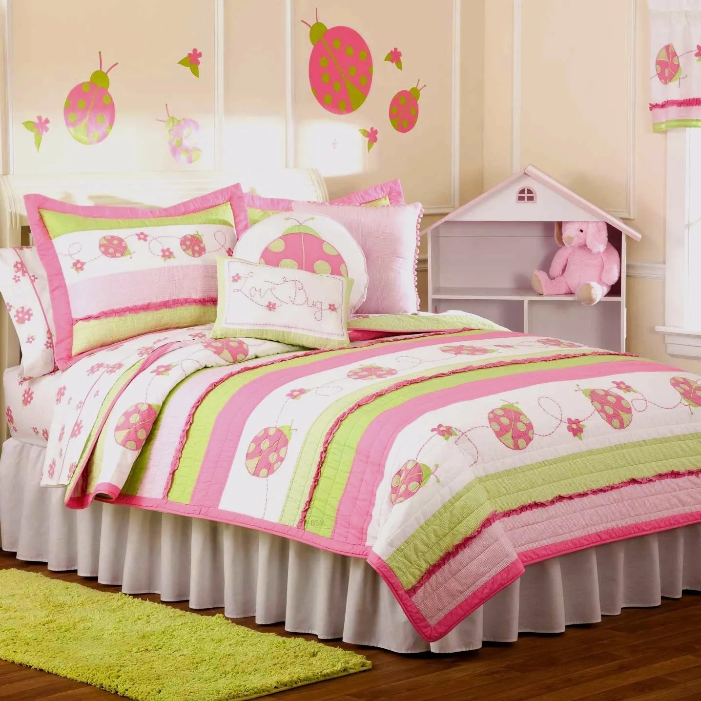 Luxury Cotton Pink Green Ladybug Girls Bedding Twin Ruffled Quilt Set Embroidered Appliqued