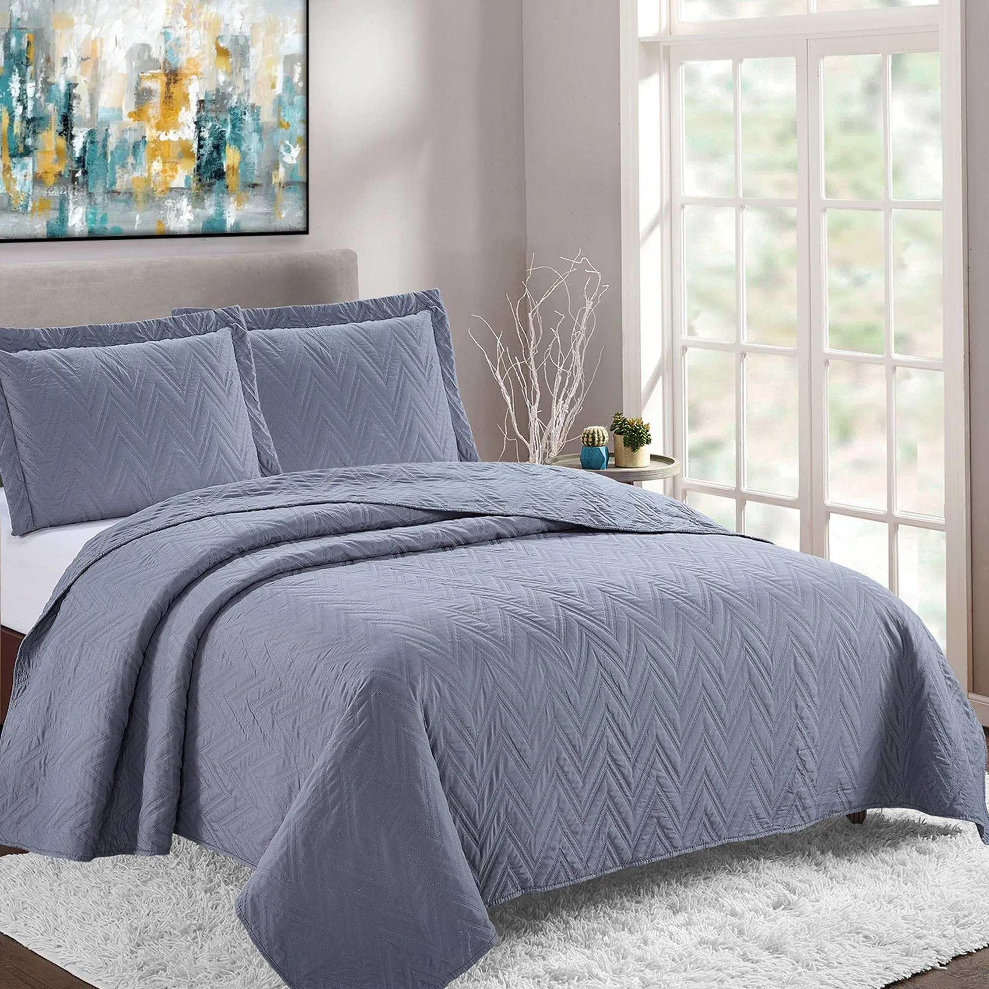 Lyon - 3 Piece Quilt Set - Double Stitch Chevron Design