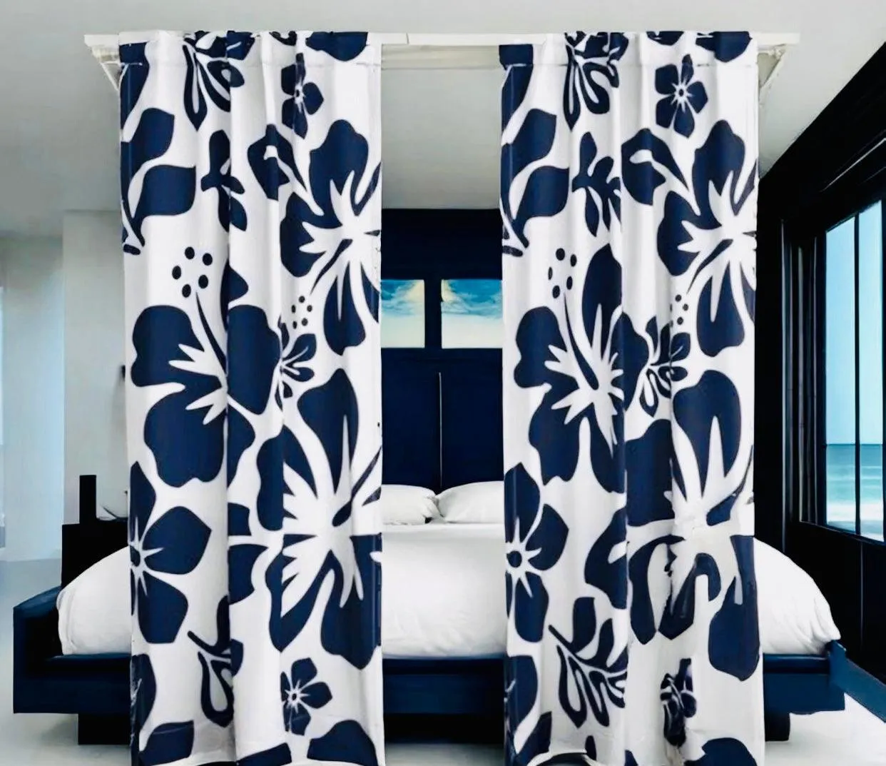 Navy Blue Hawaiian Flowers on White Sheet Set from Surfer Bedding™️ Large Scale