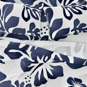 Navy Blue Hawaiian Flowers on White Sheet Set from Surfer Bedding™️ Large Scale