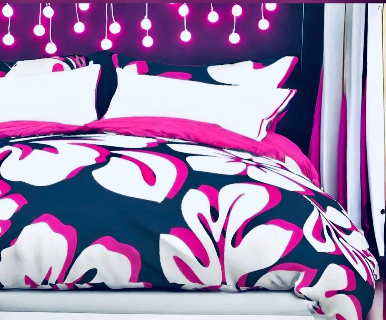 Navy Blue, Surfer Girl Pink and White Hibiscus and Hawaiian Flowers Duvet Cover - Large Scale