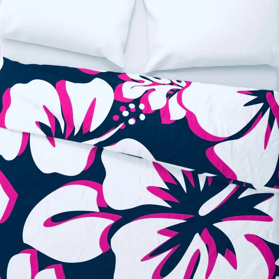 Navy Blue, Surfer Girl Pink and White Hibiscus and Hawaiian Flowers Duvet Cover - Large Scale