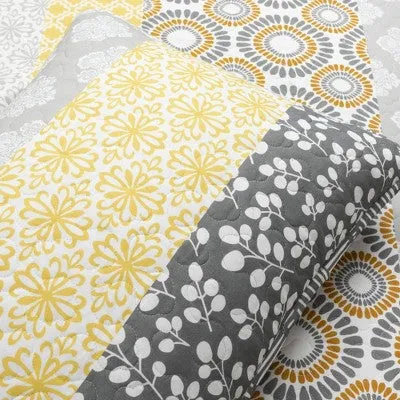 New - 3pc Full/Queen Bohemian Stripe Reversible Oversized Cotton Quilt Bedding Set Yellow/Gray - Lush Décor