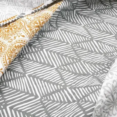 New - 3pc Full/Queen Bohemian Stripe Reversible Oversized Cotton Quilt Bedding Set Yellow/Gray - Lush Décor