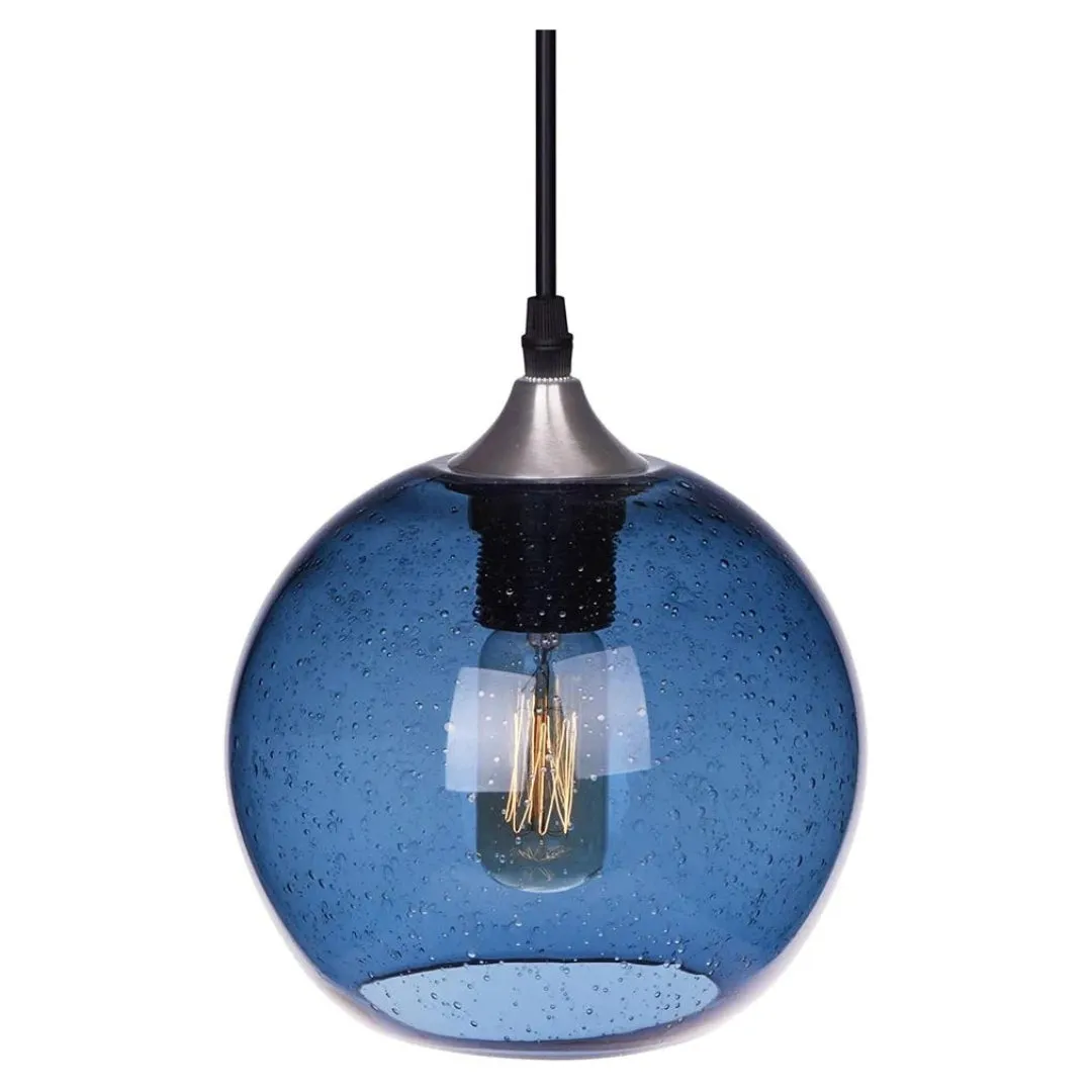 Pendant Lights Kitchen Island Hand Blown Glass Modern Light Fixtures Ceiling Hanging Blue Globe Seeded Bubbles Brushed Nickel 7.4 Inch Diam